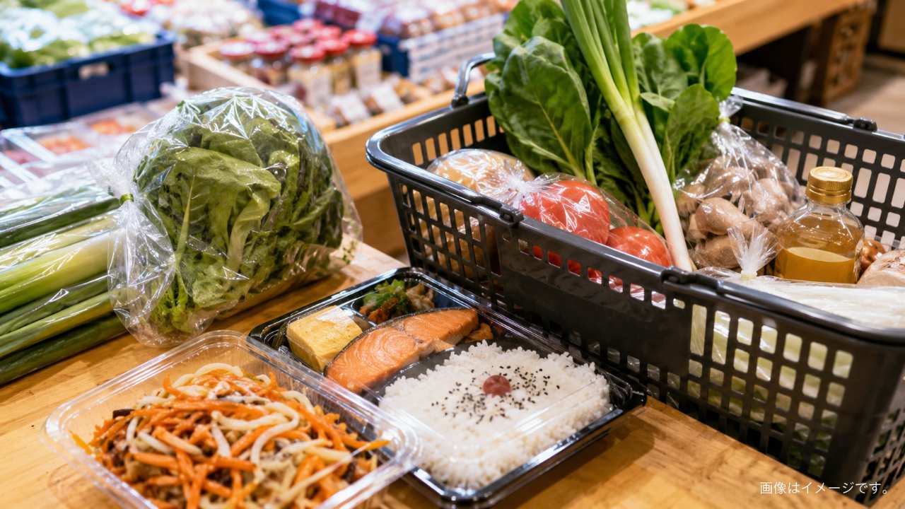 福島県のご当地スーパーで売られている郷土惣菜と地元食品をイメージ