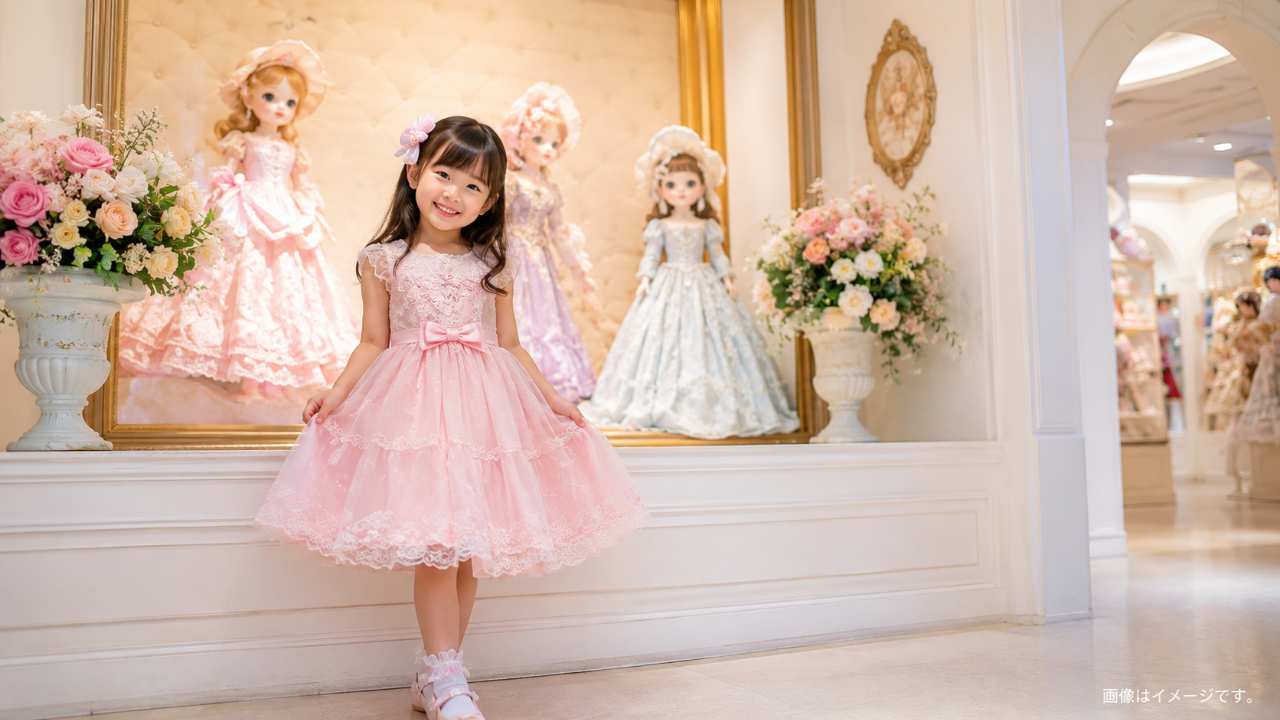 ピンクのドレスを着た子どもが館内のフォトスポットで記念撮影を楽しむイメージ