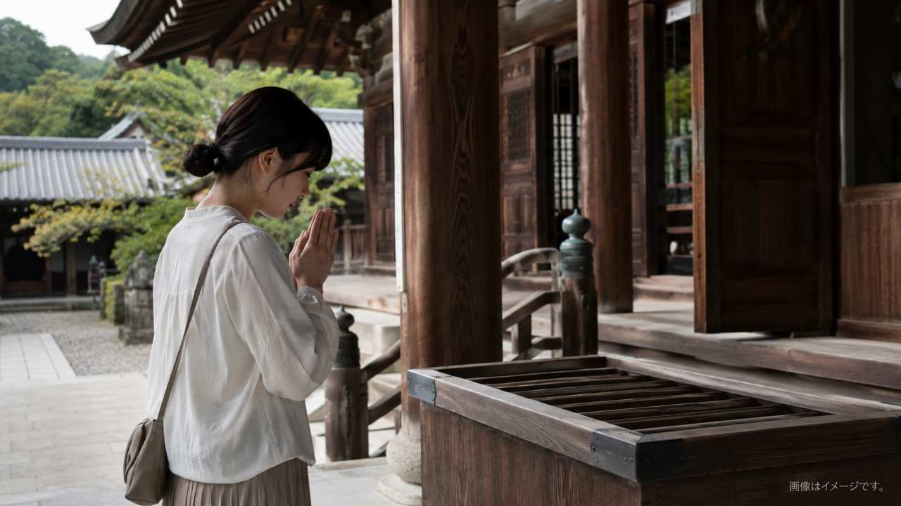 お寺の本堂前で静かに合掌する参拝者