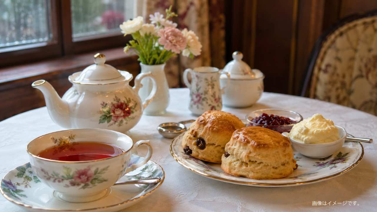 英国風のティールームで紅茶とスコーンを楽しむテーブルシーン