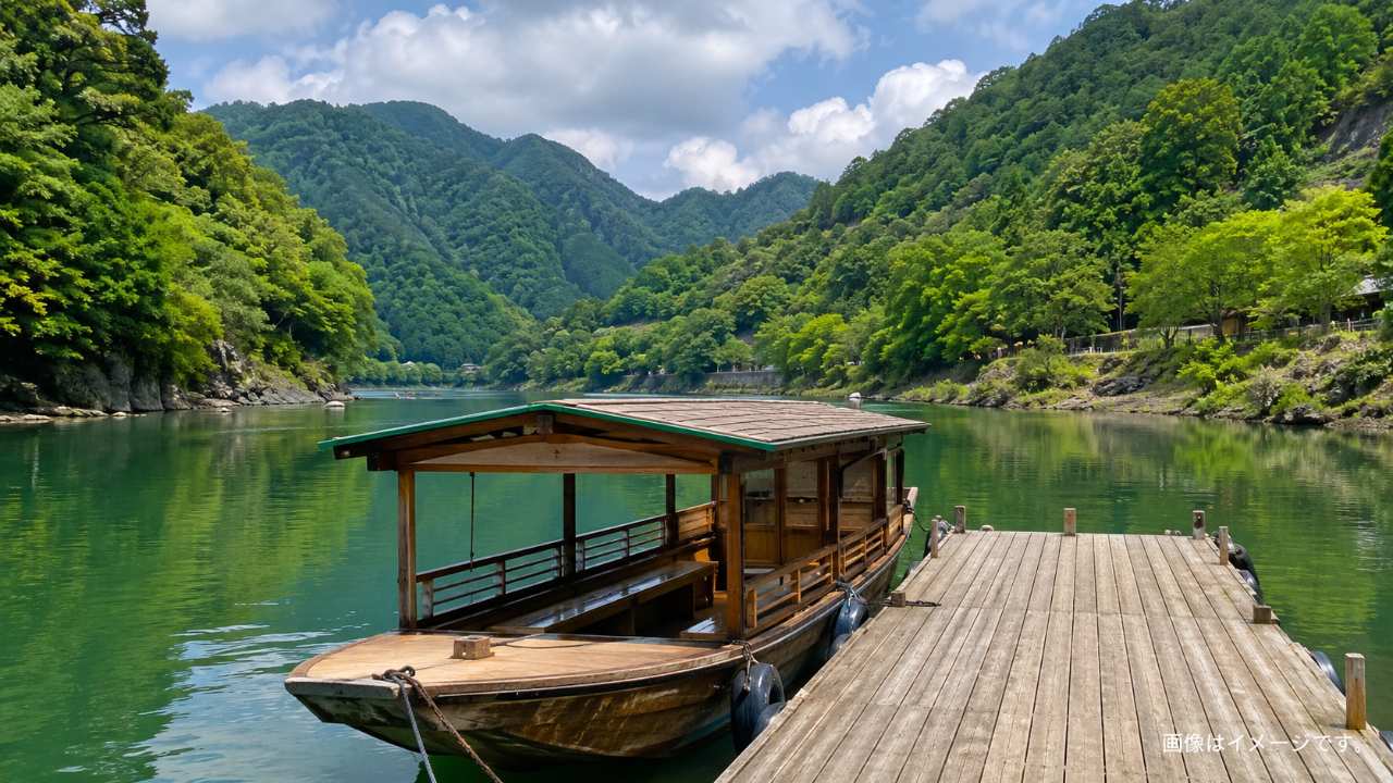 霧幻峡の渡しの船着き場をイメージした木の桟橋と和船
