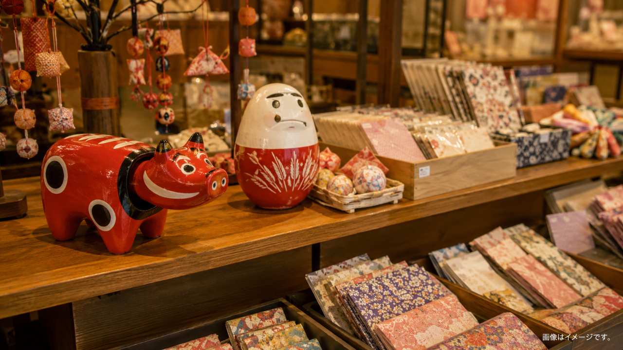 赤べこと会津の民芸品をイメージした写真風画像。赤べこ、起き上がり小法師
