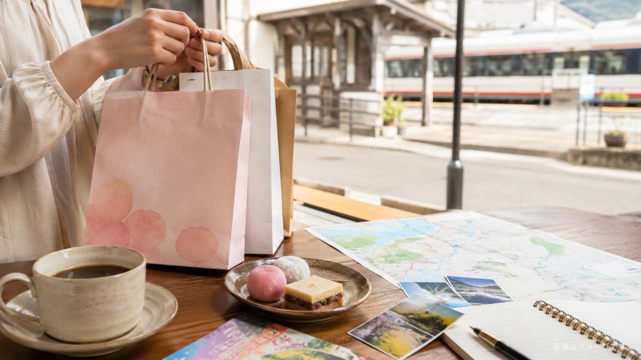福島スイーツ旅のモデルプランをテーマにしたブログ用画像。駅の近くでお土産袋を持つ旅行者の手元