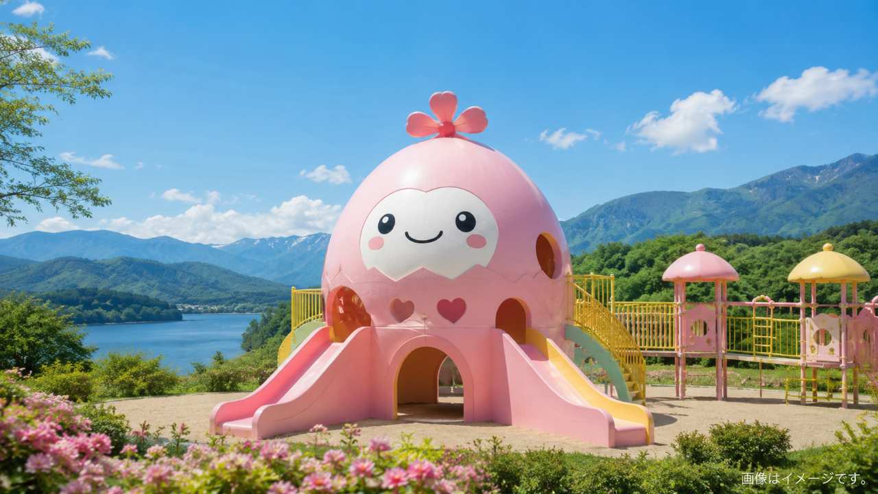 福島県の明るい青空と自然を背景に、ピンク色を基調にしたラッキー風のかわいい公園遊具