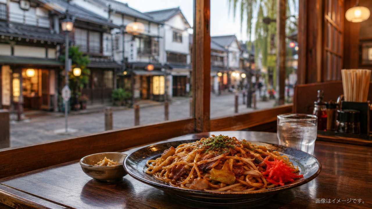 七日町通り風のレトロな街並みを歩いた後に食堂でご当地グルメを楽しむイメージ