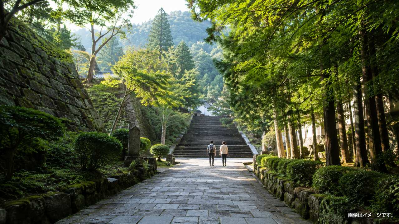 飯盛山の石段と歴史散策をイメージした観光ブログ用写真風画像