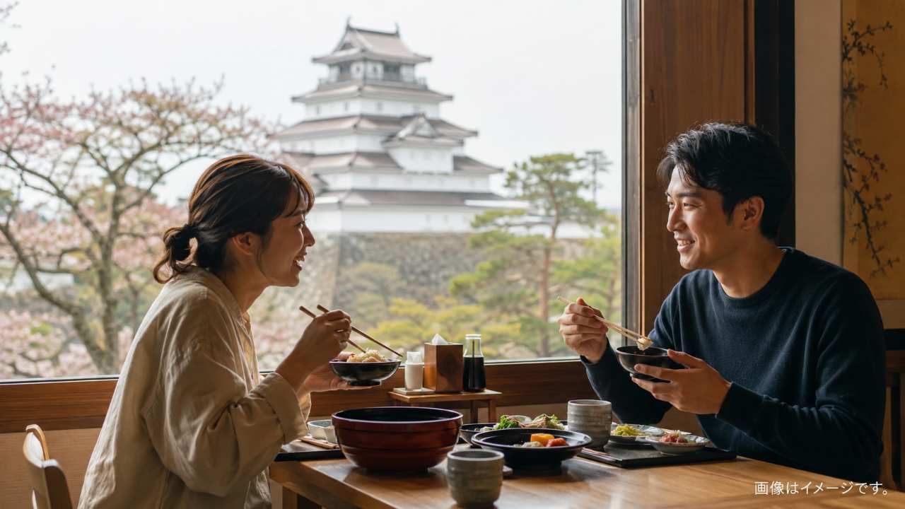 鶴ヶ城観光後にランチを楽しむ旅行者のイメージ