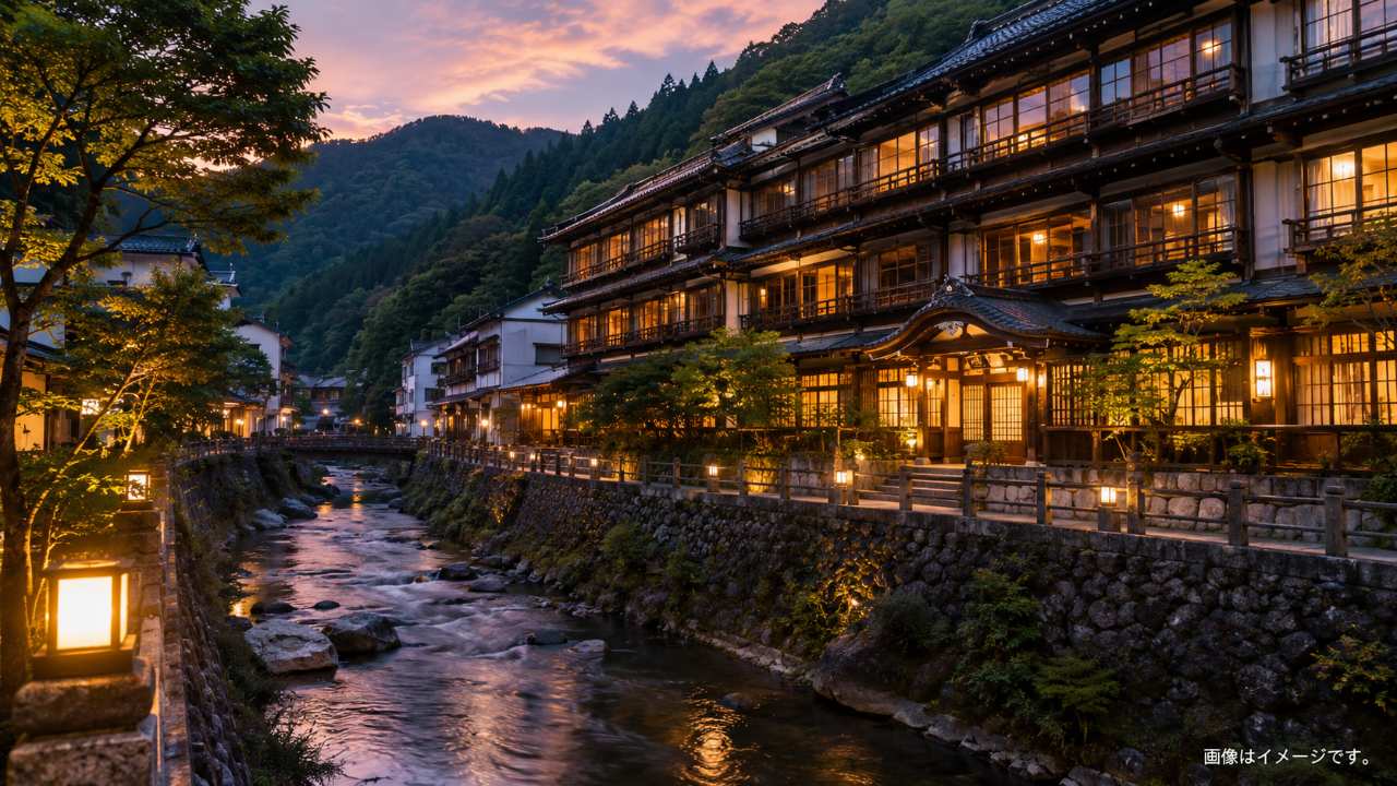 福島県会津若松の東山温泉をイメージした、渓流沿いに建つ歴史ある木造温泉旅館