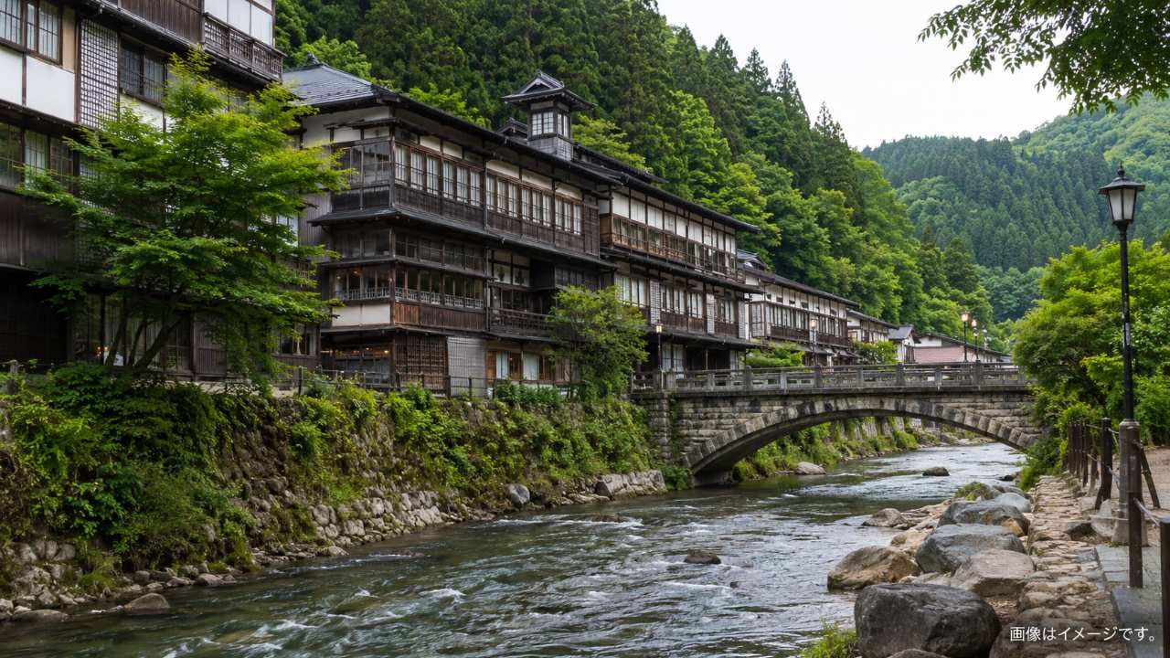 会津東山温泉の湯川沿いを散策する雰囲気
