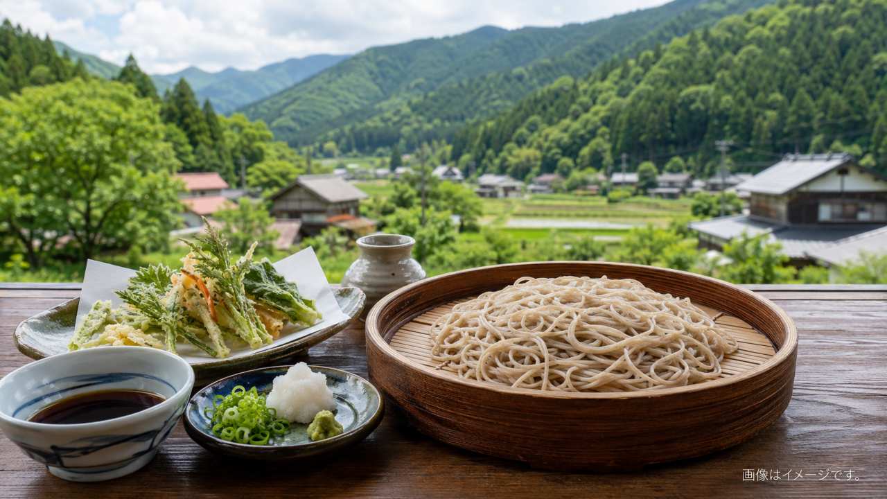 福島県喜多方市山都町の山里を背景に、木の器に盛られた白っぽく透明感のある十割そば