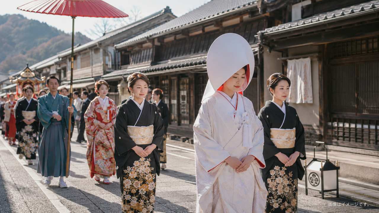 福島県南会津町の伝統的な町並みを背景に、会津田島祇園祭の花嫁行列