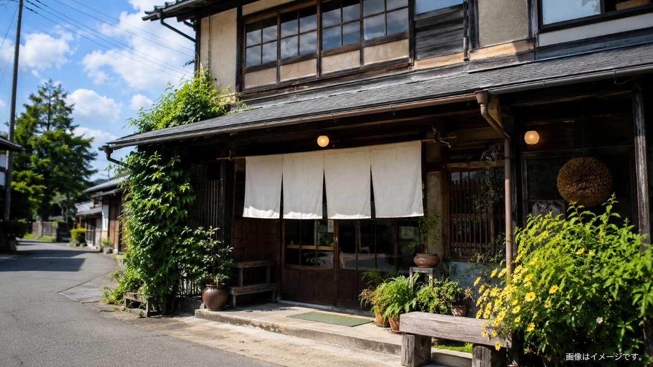 昔ながらの喜多方の食堂外観と暖簾をイメージ