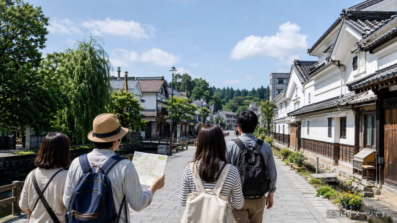 喜多方駅から蔵のまちへ歩く観光客の後ろ姿