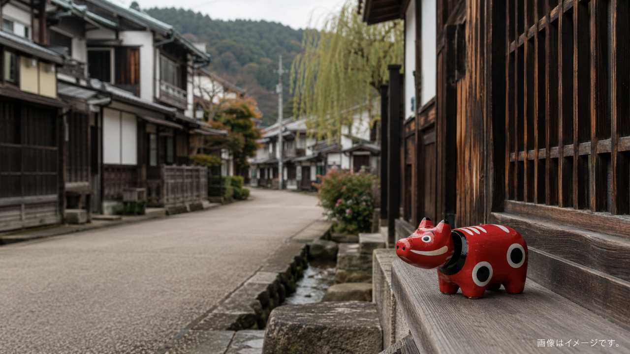 柳津町の門前町をイメージした通りに赤べこの置物がそっと置かれている