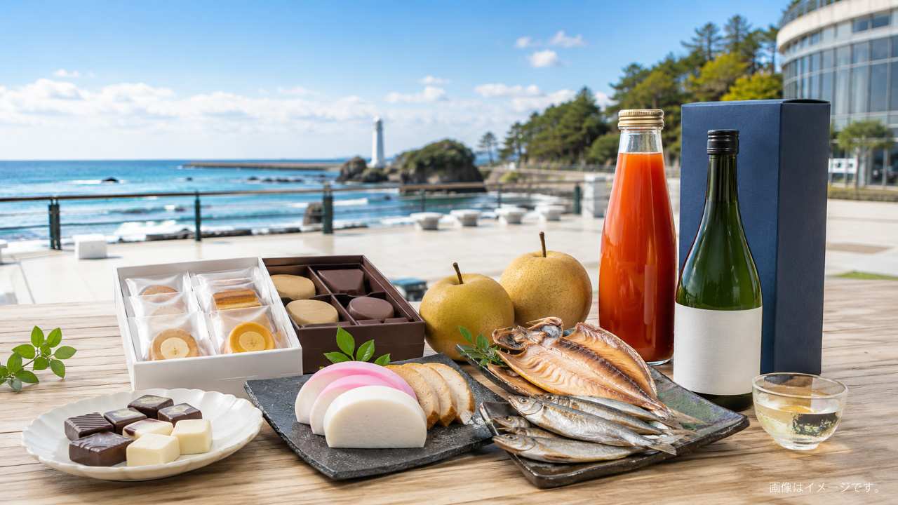 いわき市のお土産ランキング記事のアイキャッチ画像。海沿いの明るい観光地を背景に、和菓子、チョコレート、干物、かまぼこ、トマトジュース、梨、地酒