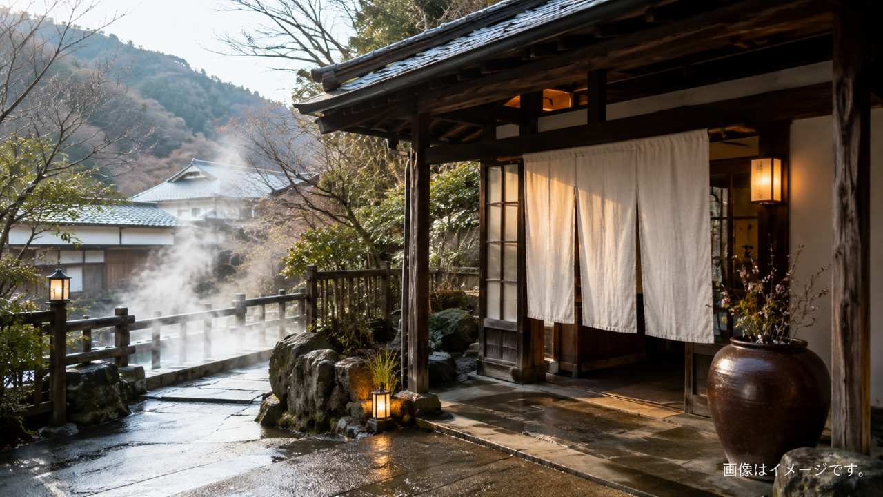 日帰り温泉旅行をイメージした写真風ブログ画像