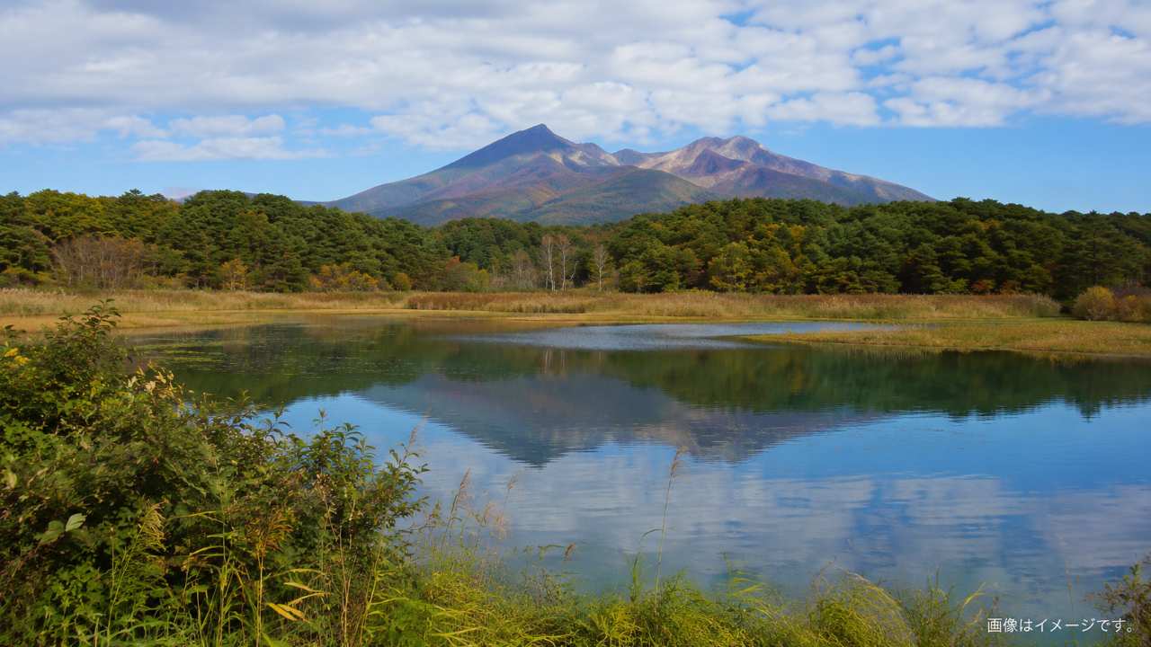 中瀬沼展望台をイメージした湖沼と磐梯山の絶景