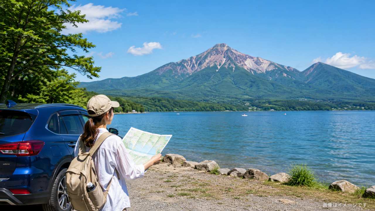 晴れた日の猪苗代湖と磐梯山を背景に、湖畔を歩く旅行者