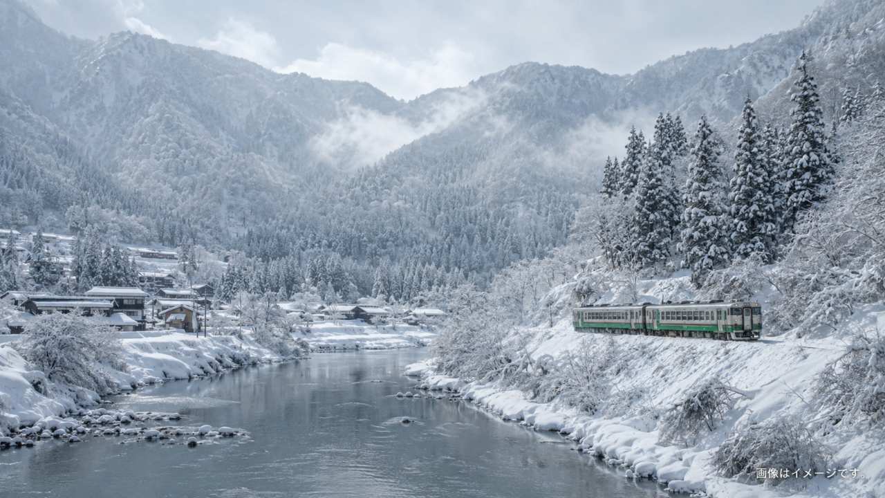 冬の只見線、雪に包まれた山里と川、白銀の中を走る列車、静かで幻想的な雰囲気