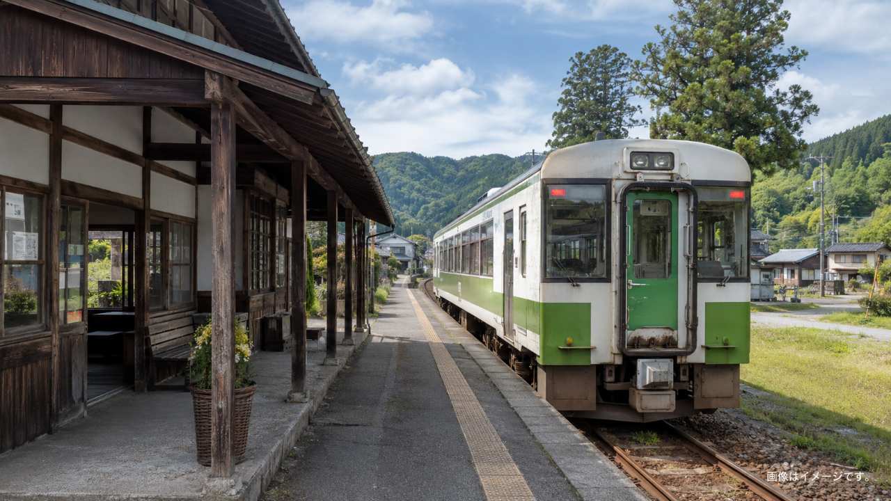 木造風のローカル駅舎とホームに停車する只見線の列車