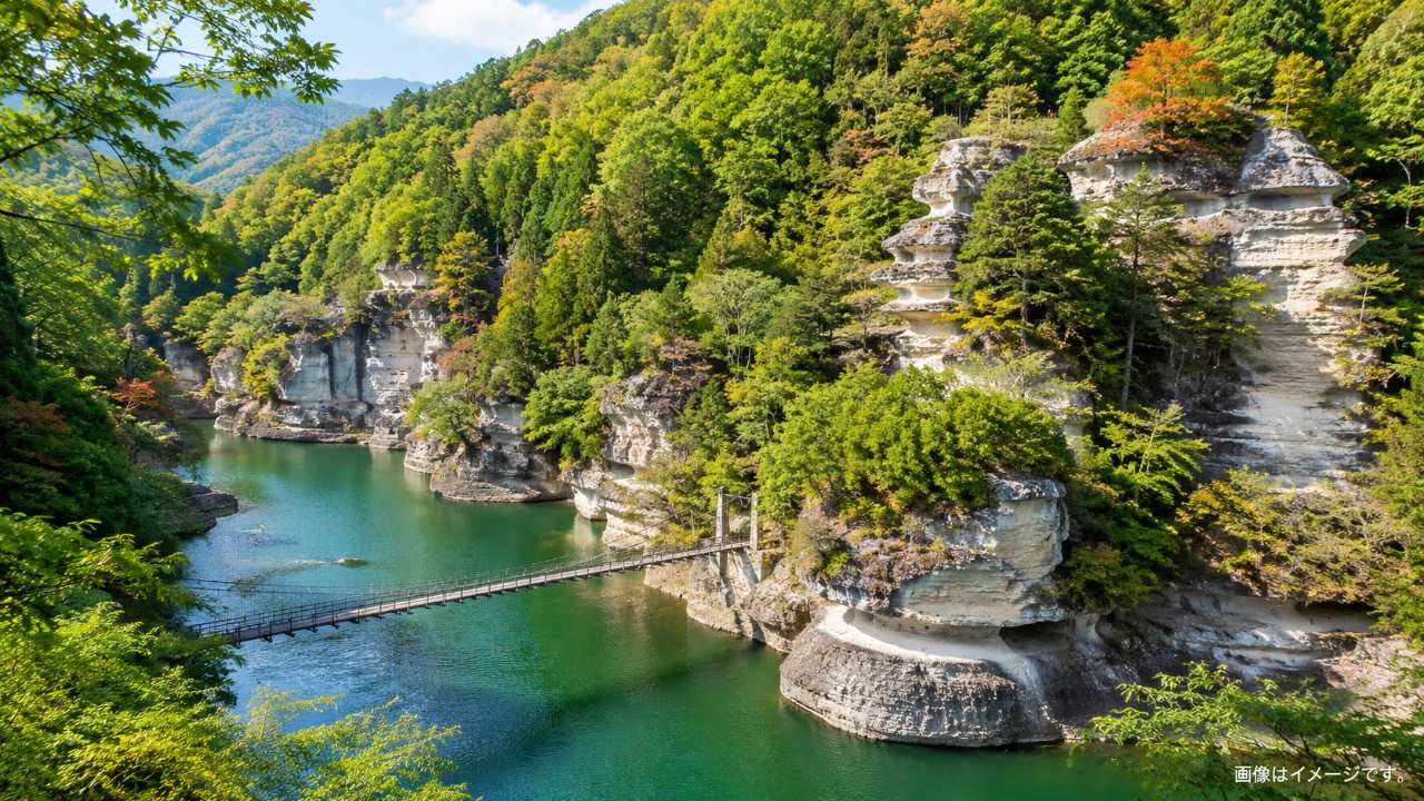 福島県下郷町の塔のへつりをイメージしたブログ用アイキャッチ。深い緑の川、白い奇岩の断崖、吊り橋、新緑と紅葉が自然に調和した実写風の横長構図
