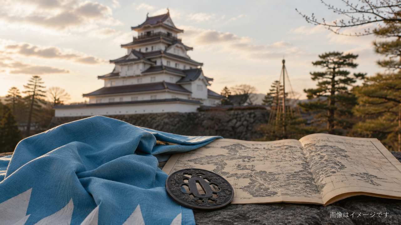 会津若松の鶴ヶ城を背景に、浅葱色の新撰組羽織を連想させる布と古地図、刀の鍔を自然に配置