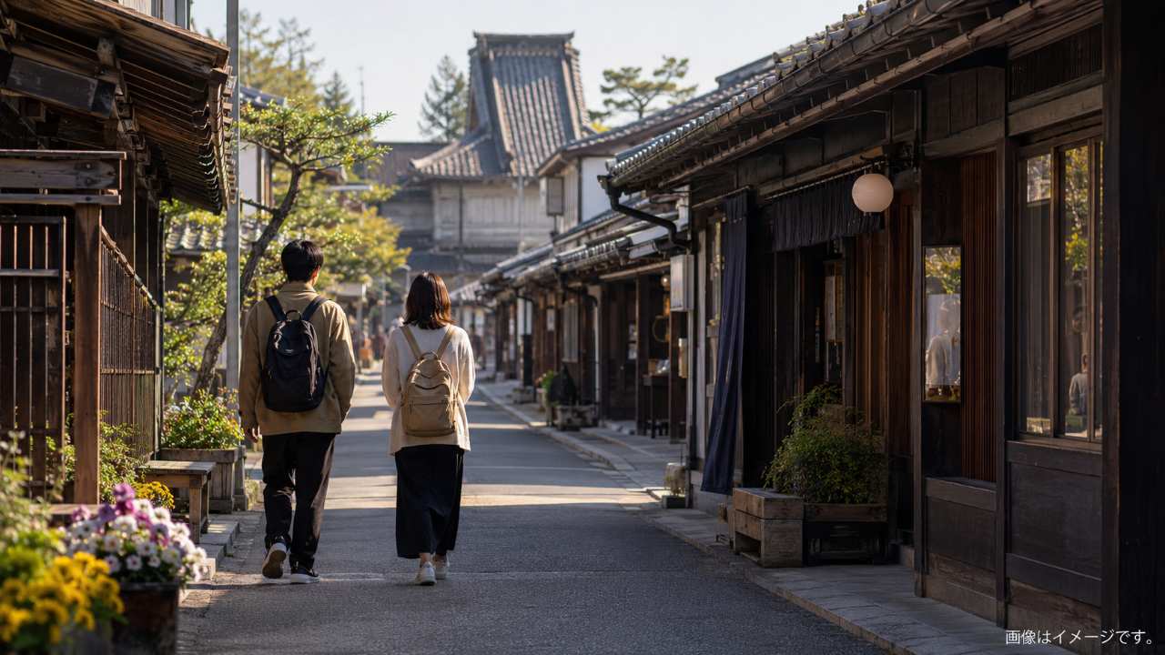 七日町通りのレトロな町並みを歩きながら会津 新撰組の史跡を巡る旅行者