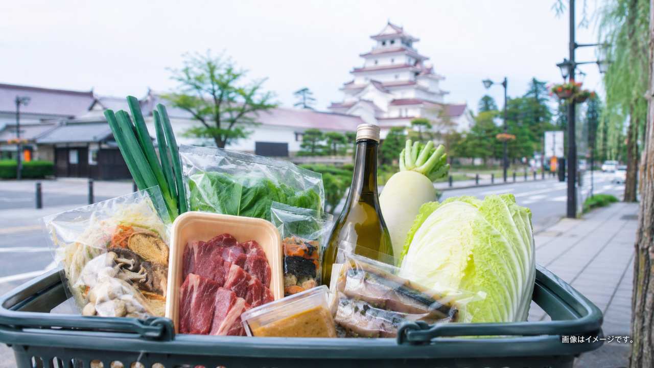 。会津若松の落ち着いた街並みを背景に、地元スーパーの買い物かごへ馬刺し風パック、こづゆの材料、にしんの山椒漬け風パック、地酒、味噌、野菜が自然に入っている構図