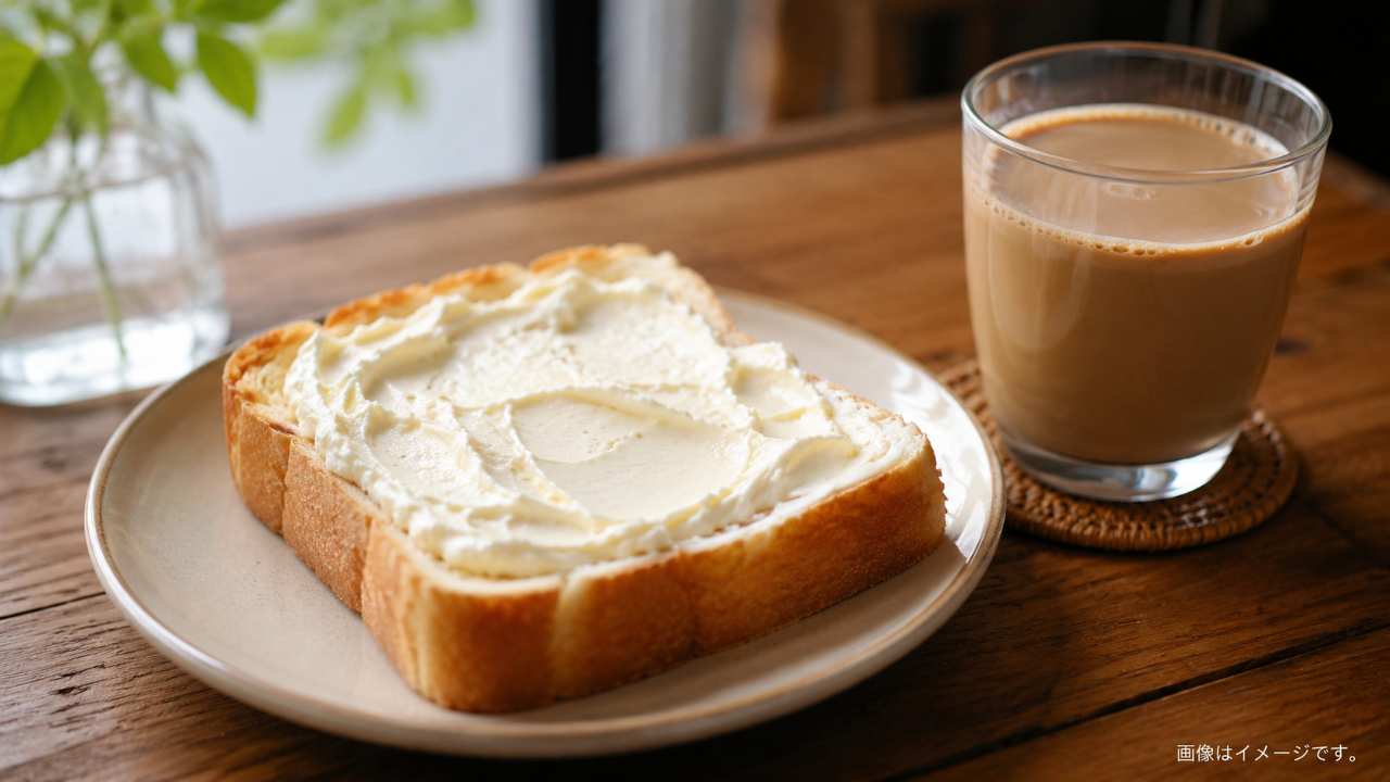 郡山らしい朝食イメージ。白いクリームを塗った厚切りパン風のご当地パンカフェオレ風ドリンク