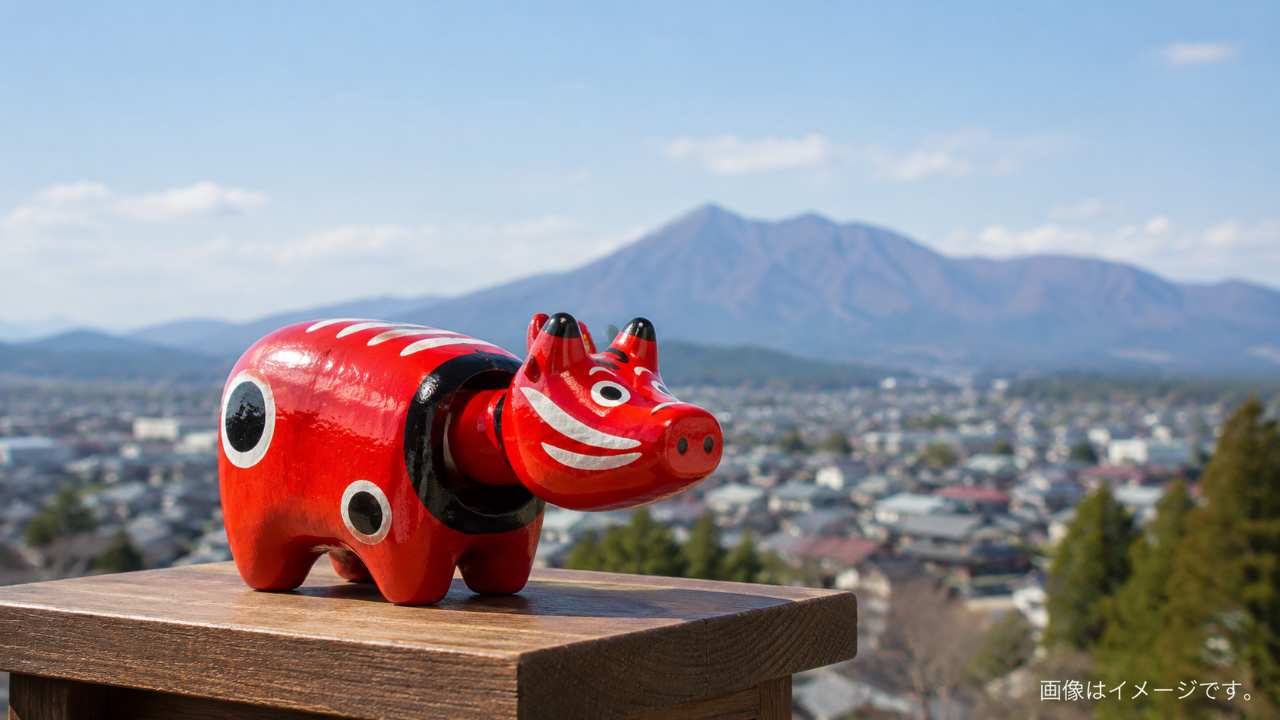 会津の穏やかな町並みと山並みを背景に、木製の台の上に伝統的な赤べこが置かれている