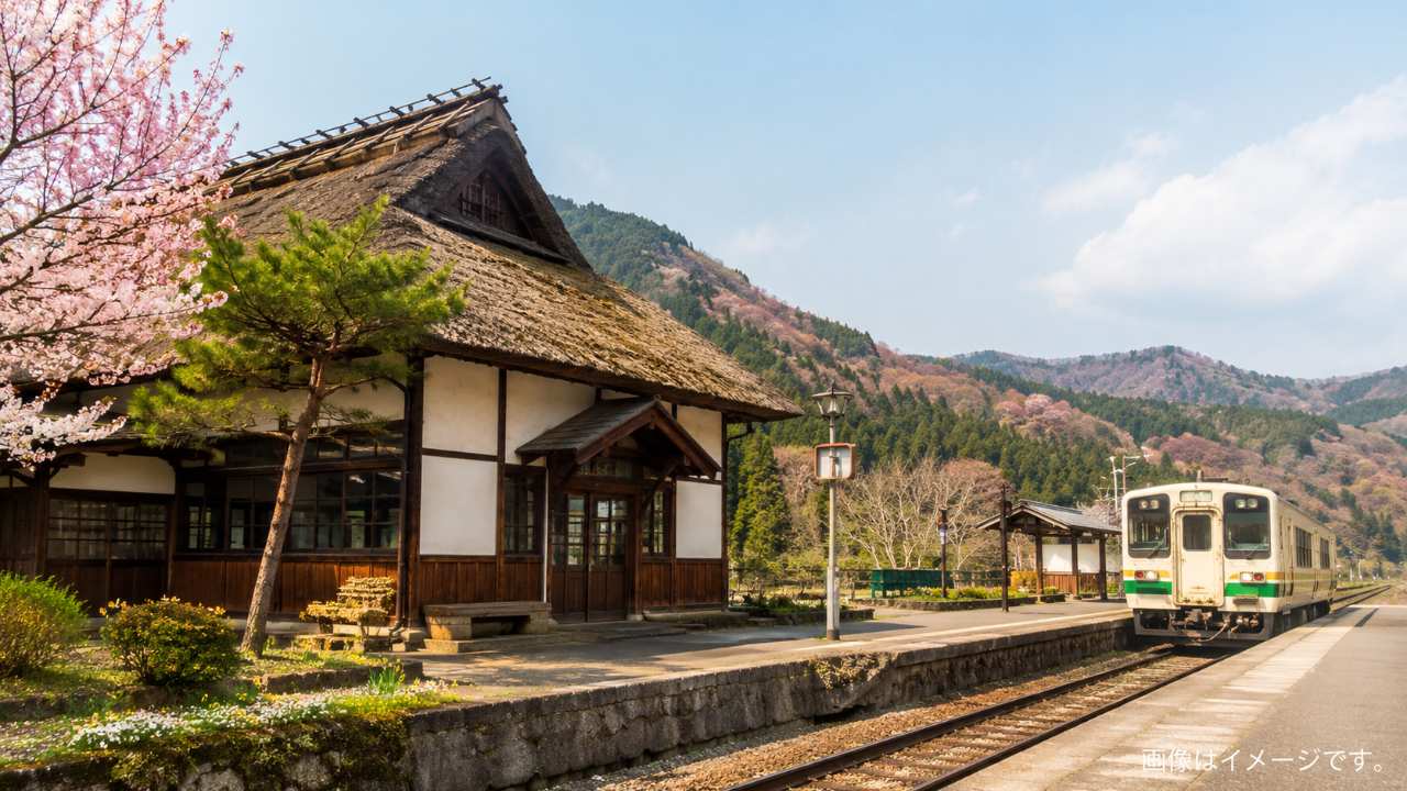 会津鉄道と湯野上温泉駅をイメージした茅葺き屋根の駅舎