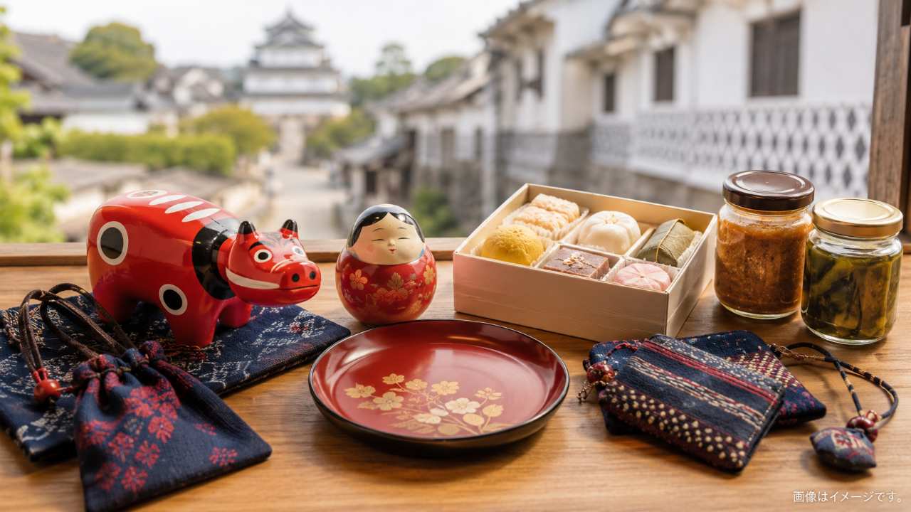会津のお土産をテーマに、赤べこ、起き上がり小法師、会津塗の小皿、会津木綿の小物、銘菓の箱、味噌や漬物の小瓶を木目のテーブルに美しく並べた実写風写真