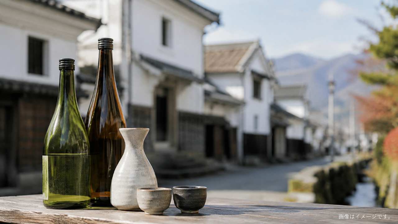 会津の地酒をイメージした日本酒瓶と酒器を、蔵のある通りの雰囲気で撮影した写真風
