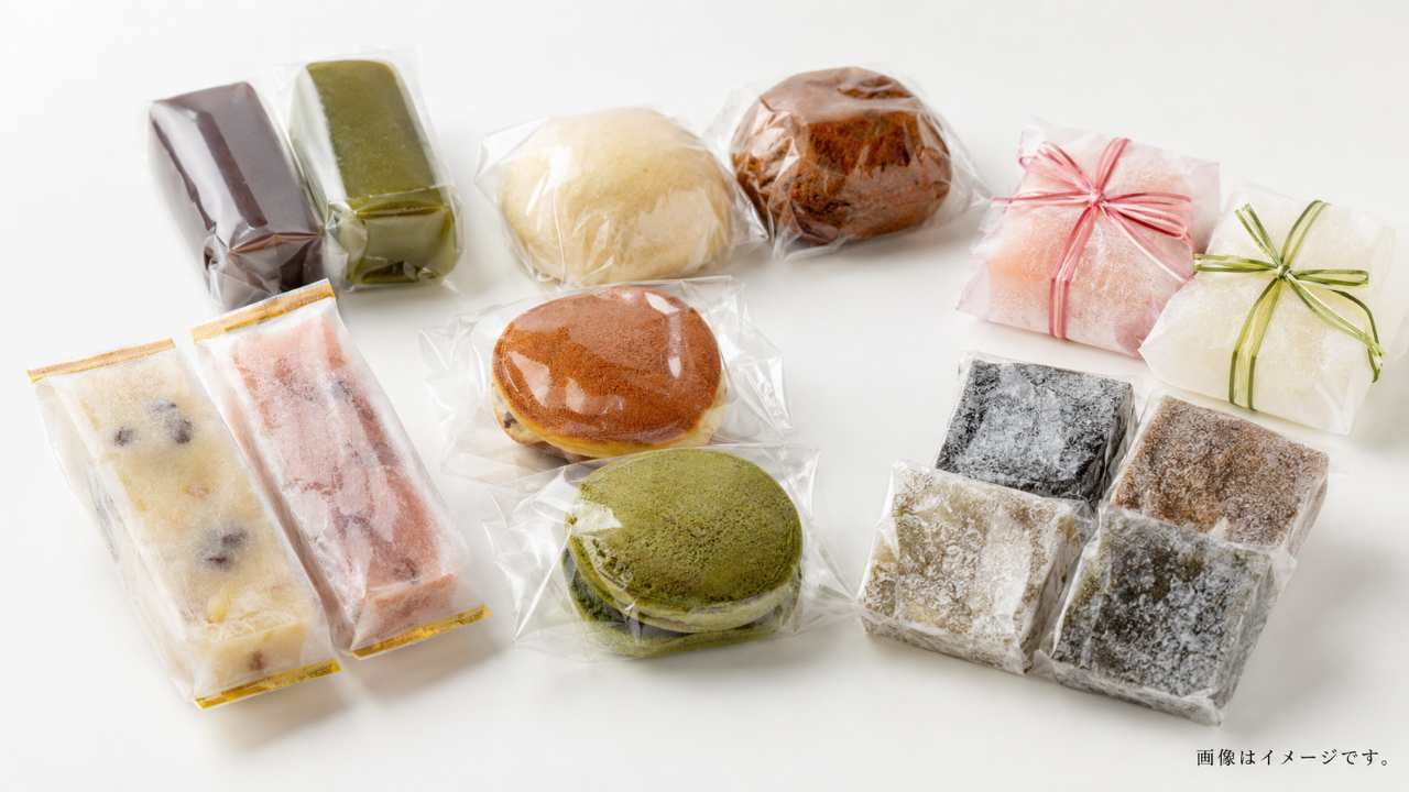 会津の銘菓や饅頭、ゆべし風のお菓子が個包装で並ぶお土産紹介用の実写風画像