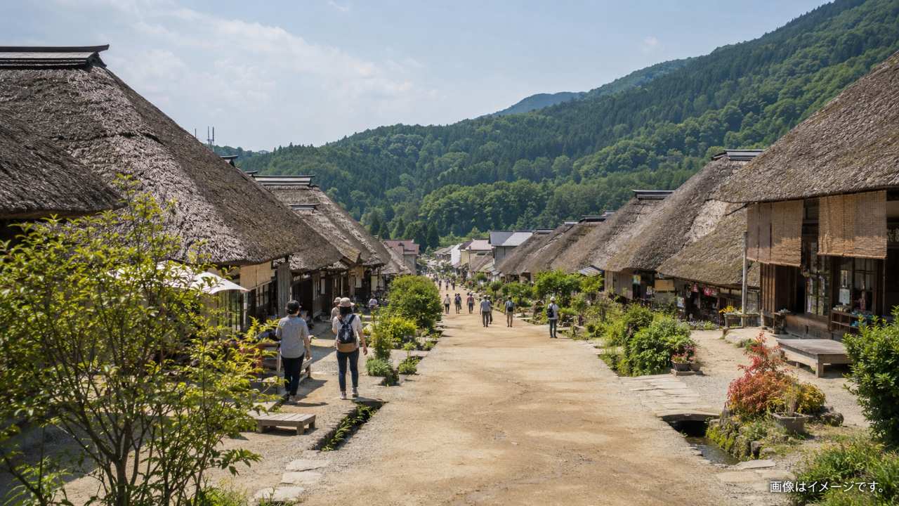 福島県南会津の大内宿をイメージした茅葺き屋根の宿場町風景