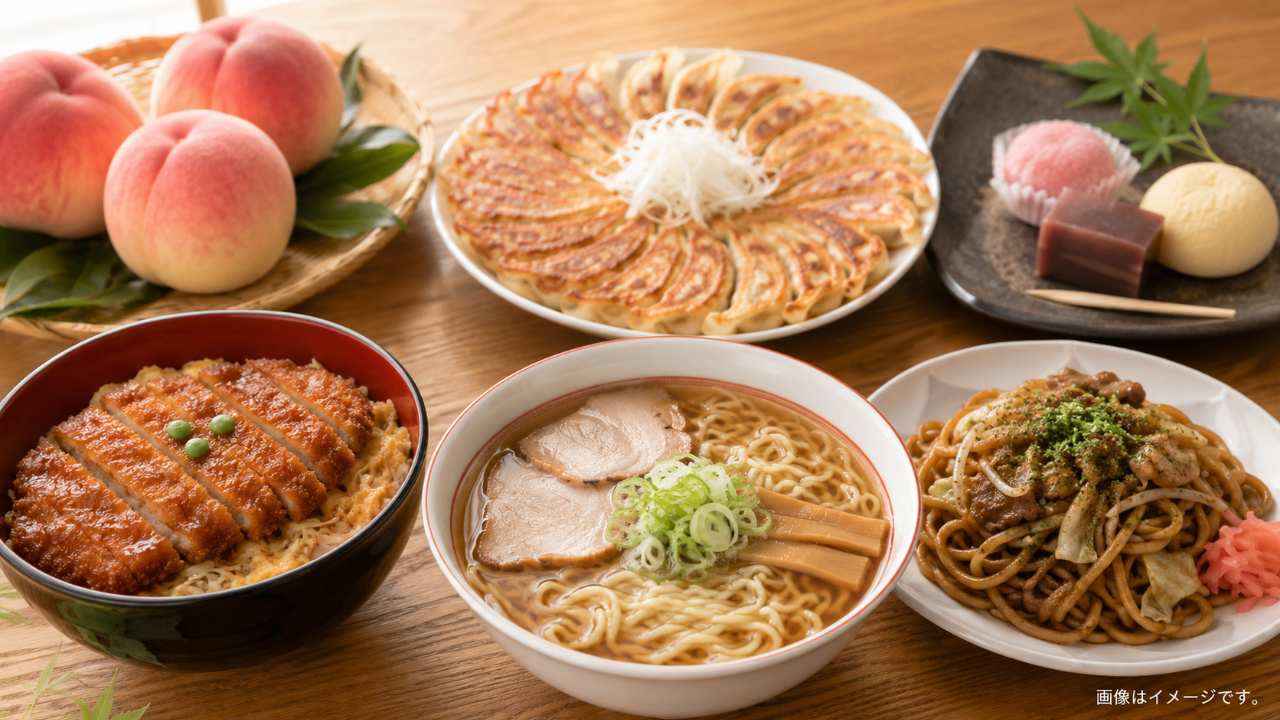 喜多方ラーメン、円盤餃子、会津ソースカツ丼、なみえ焼そば、桃、和菓子が木目のテーブルに美しく並ぶ実写風写真