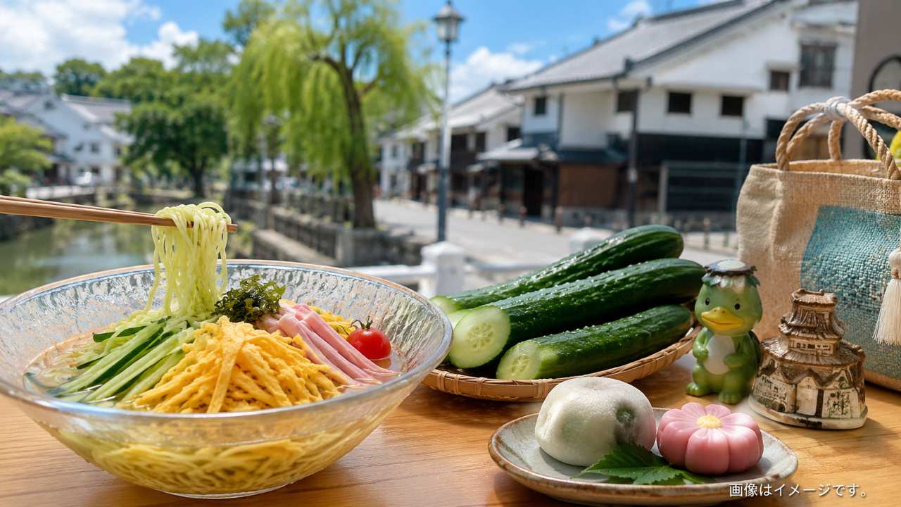 福島県須賀川市の名物をテーマに、爽やかなご当地麺料理、みずみずしいきゅうり、和菓子、観光土産
