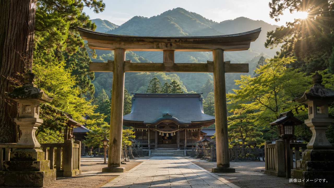 会津の神社パワースポットをテーマに、朝の柔らかな光が差し込む鳥居、石畳の参道、奥に見える歴史ある拝殿