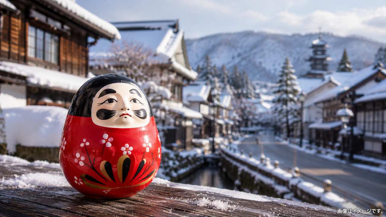 会津地方の落ち着いた町並みと雪景色を背景に、赤い胴と黒い頭の起き上がり小法師