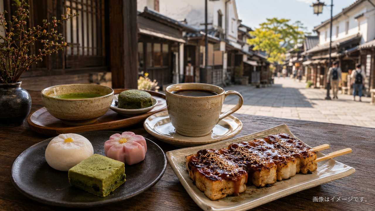 福島県会津若松市の七日町通りをイメージしたブログ用アイキャッチ。大正浪漫を感じる蔵造りの店舗、木造商家、石畳風の歩道を背景に、会津の和菓子、抹茶スイーツ、香ばしいみそ田楽、コーヒー