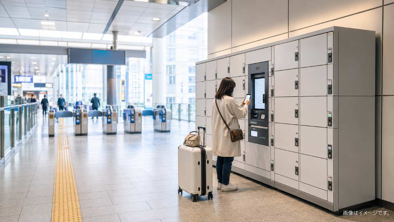新幹線改札を出た先の2階コンコースに設置された多機能コインロッカー、スマートフォンを使って操作する旅行者