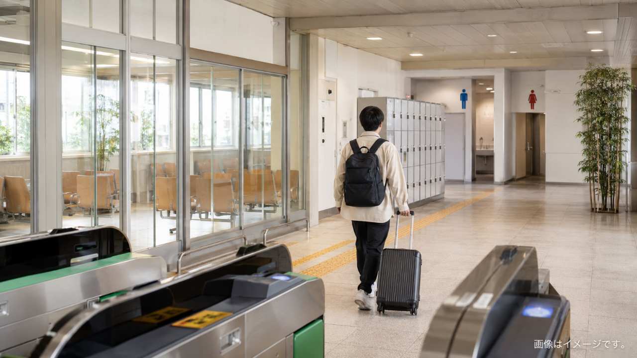 地方駅の改札を出て左側の待合室を通り、トイレ前のコインロッカーへ向かう様子が直感的に分かる実写風画像