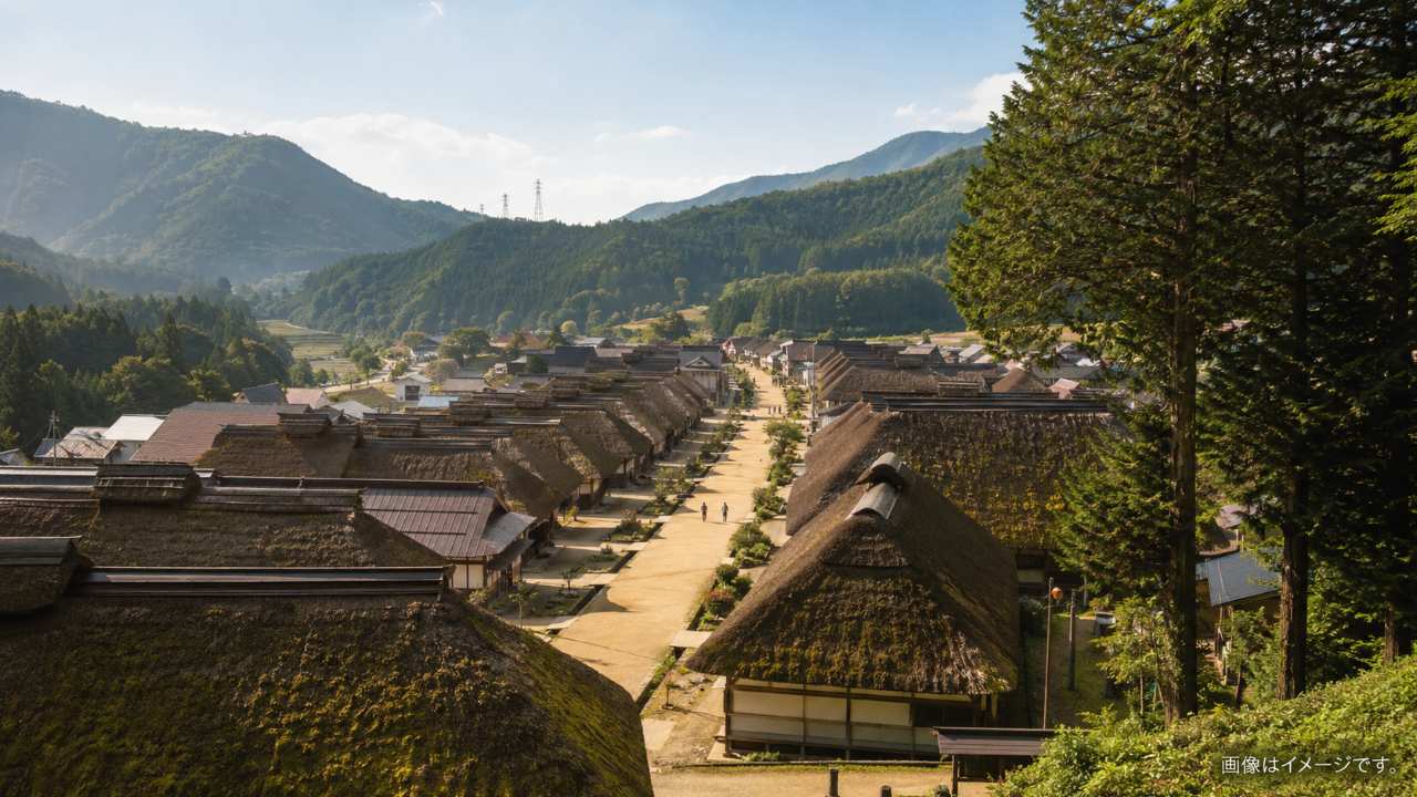 福島県の大内宿をイメージした横長の実写風写真