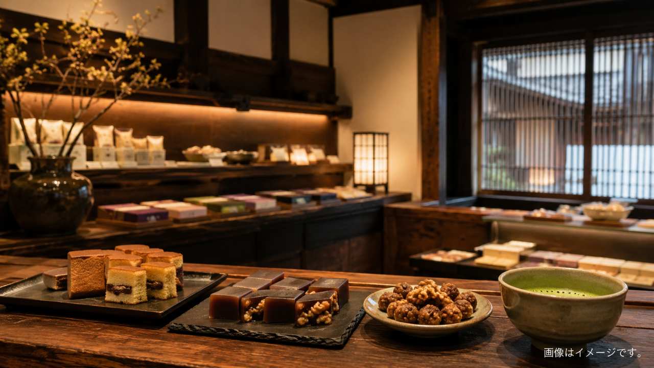 会津の菓子店をイメージした蔵造りの店内で、ブッセ、羊羹、くるみを使った一口和菓子、抹茶