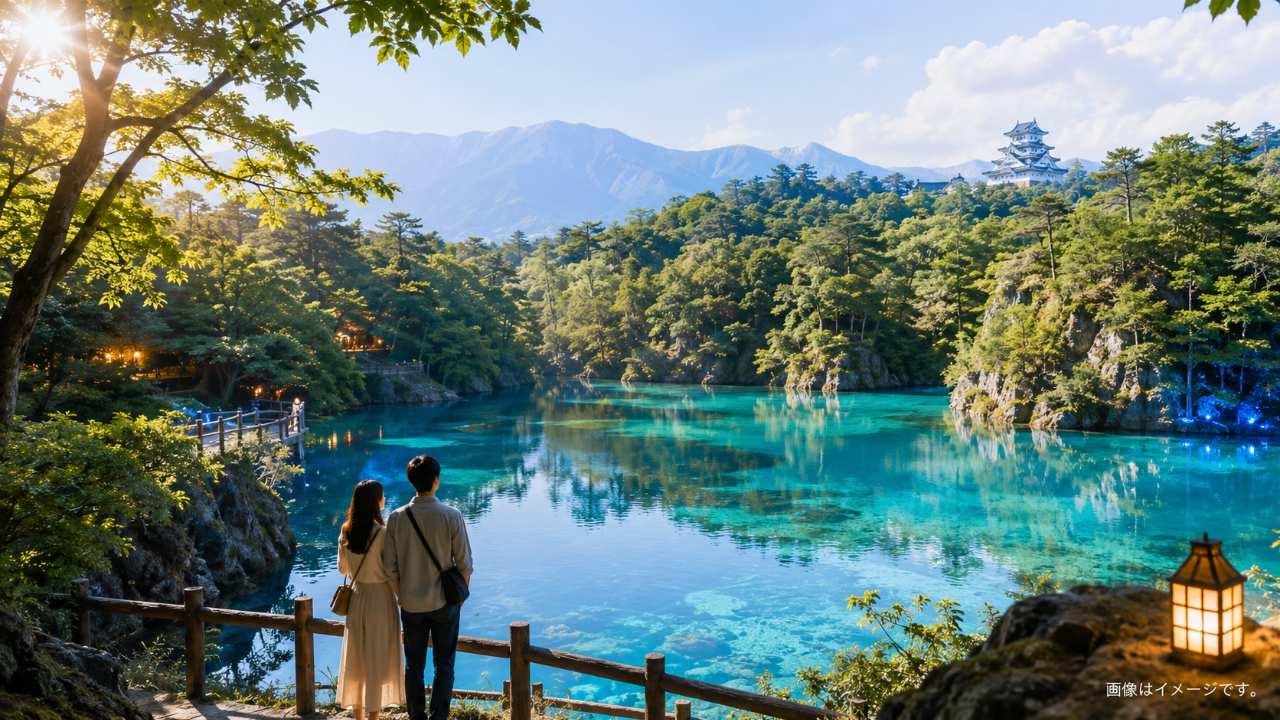 福島県でデートを楽しむ若い日本人カップルの後ろ姿、背景に透明感のある五色沼、会津の城を思わせる白い天守