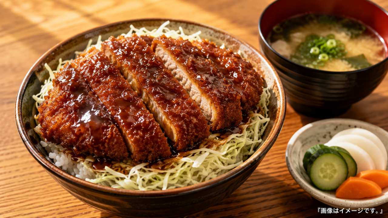 ご飯と千切りキャベツの上に厚みのあるカツをのせ、甘辛いソースをまとわせた会津ソースカツ丼の実写風写真