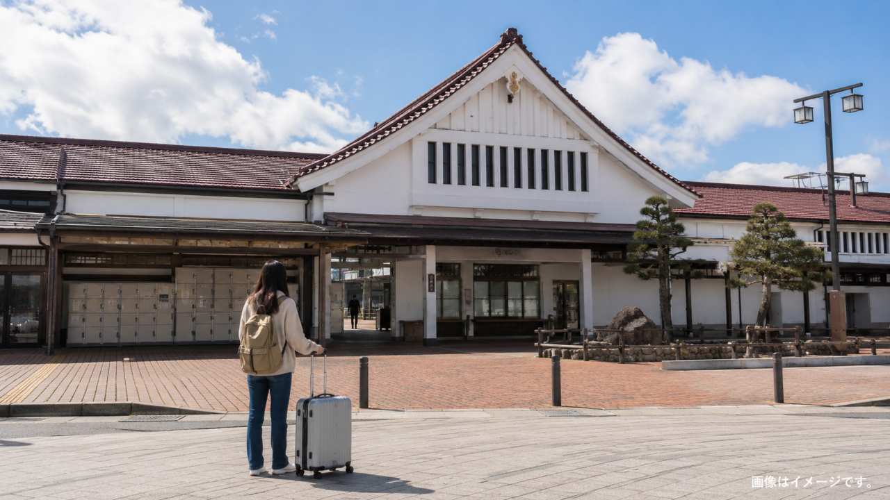 福島県の会津若松駅をイメージした伝統的な白い駅舎の正面、駅前広場に立つ旅行者と中型のキャリーケース、駅舎の屋根下に自然に配置されたコインロッカー