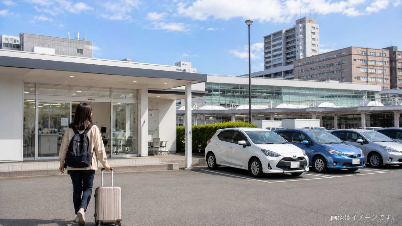 福島駅前のレンタカー営業所と停車する乗用車