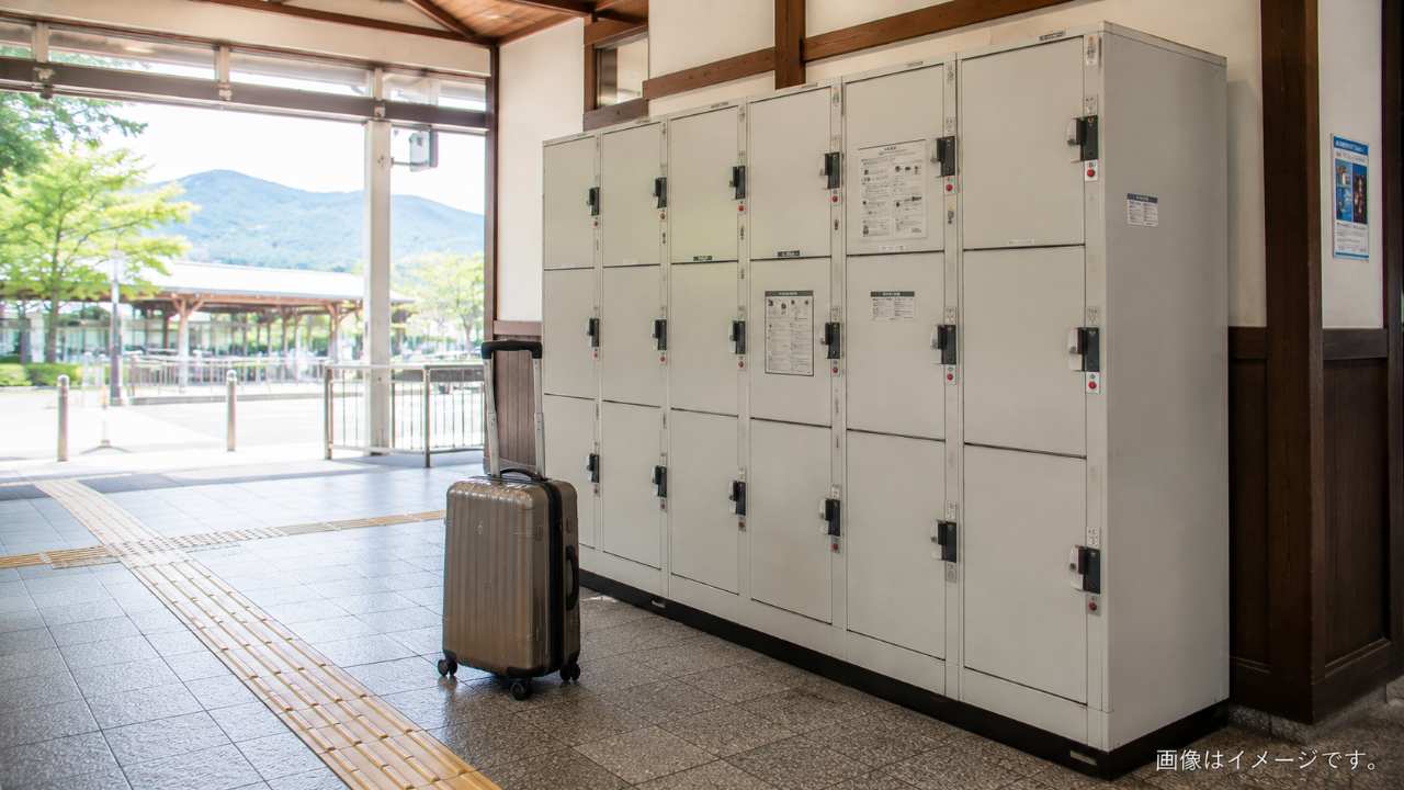 新白河駅の構内で改札とコインロッカー設備の位置を確認する旅行者