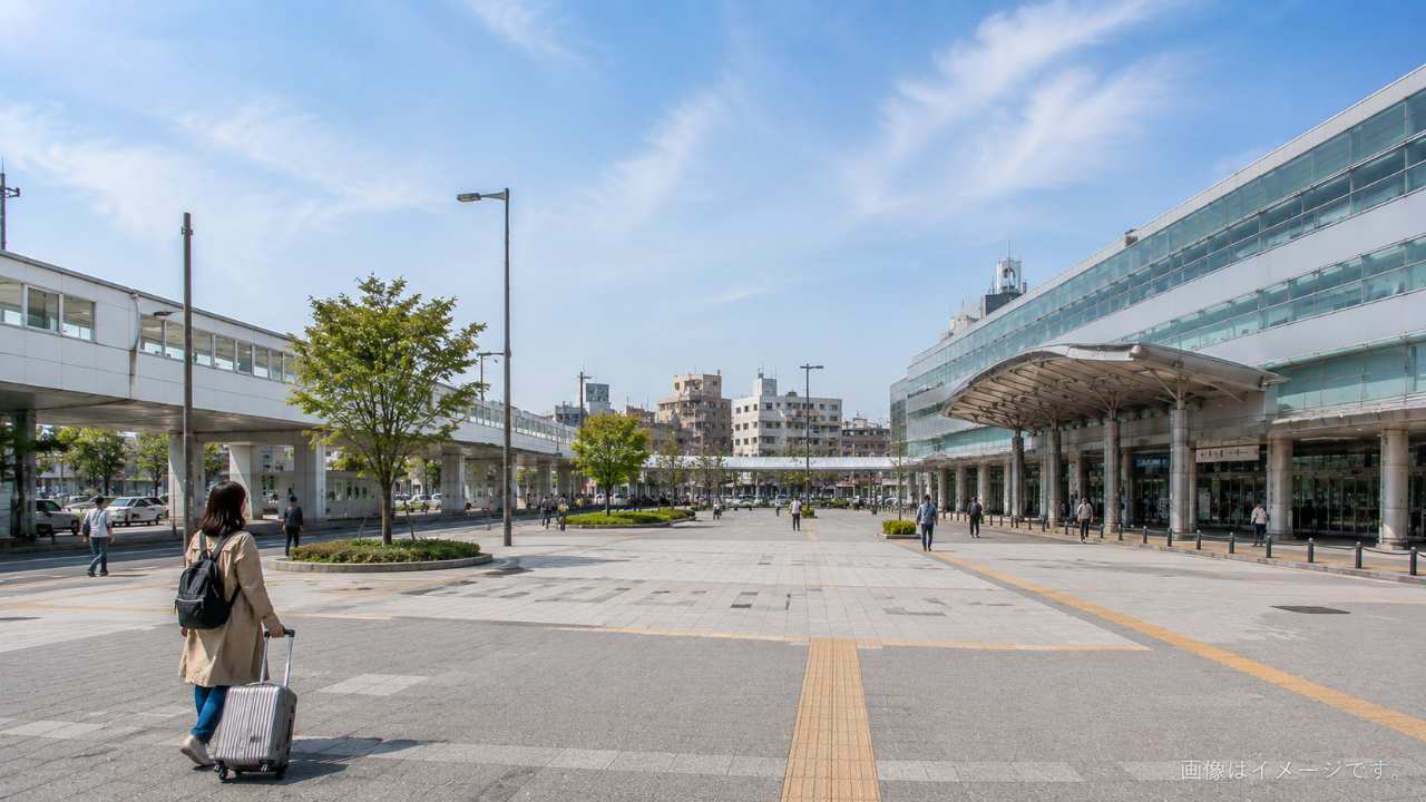 コラッセふくしま周辺で一般駐車場の位置を確認しながら車で向かう様子